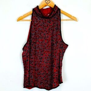 Papell Boutique vintage red silk sleeveless collared beaded evening shirt. XL